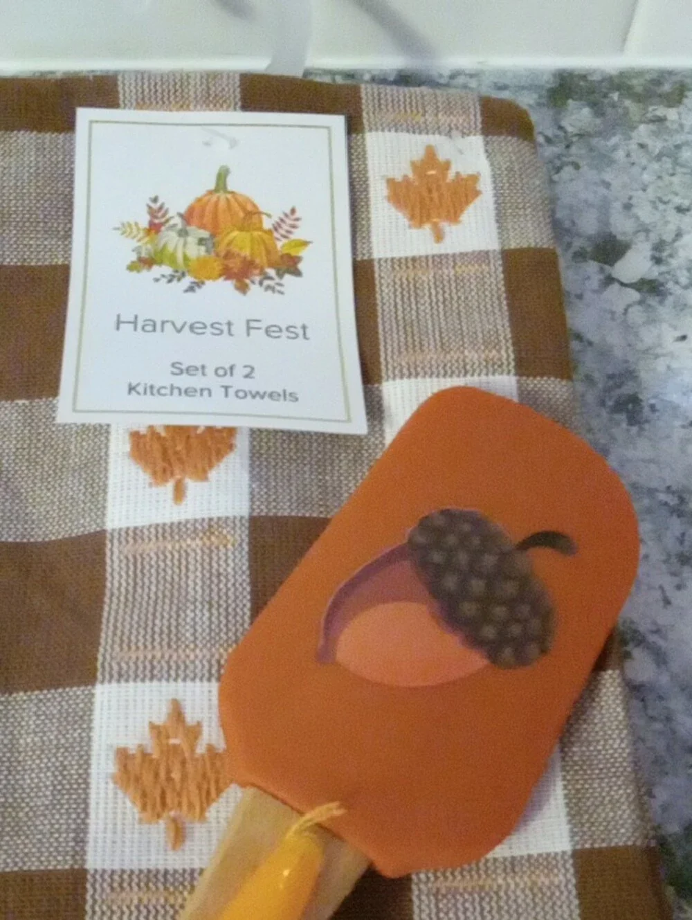 Harvest Fest Orange & Brown Check Kitchen Towel Set Of 2 with Autumn Spatula